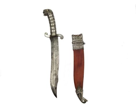 An unusual khanjar or hunting knife, 22.5cm heavy recurved blade with armour piercing clipped back point, etched along its le
