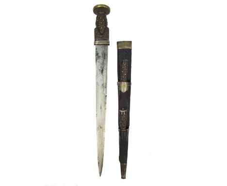 A mid-18th Century Scottish dirk, 39cm fullered blade, double edged from the mid-point, characteristic wooden hilt boldly car