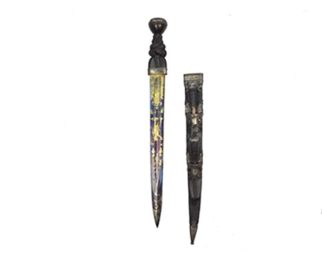 A Georgian Scottish blued and gilt dirk, 35cm double fullered blade by John Bell of Perth, blued and gilt along 95% of its le