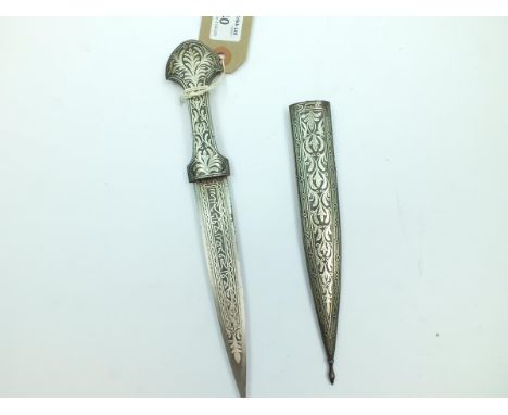 A Kindjal, 13.5cm blade inlaid in silver damascene with panels of calligraphy, characteristic hilt also decorated in silver d