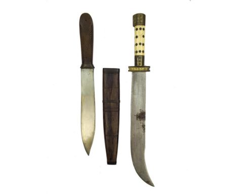 Two various North African daggers, the first with 21cm heavy blade, chequered wooden grip, contained in its wooden scabbard, 