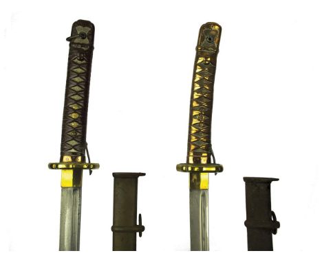 Two Japanese NCO's swords, the first with 66.5cm fullered blade, regulation brown painted alloy tsuka, brass tsuba, various a