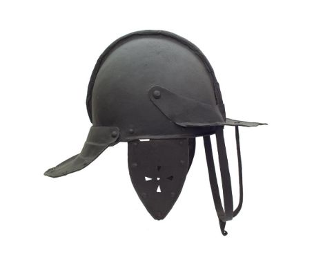 A mid-17th style Century Lobster Tailed Pot, the two-piece skull with shallow turned comb, with pivoting pointed peak, this w