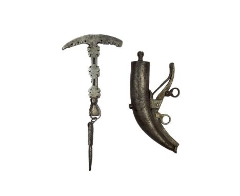 An all steel priming flask, possibly Indian, together with an Eastern combination flint knapping tool and turnscrew, chiselle