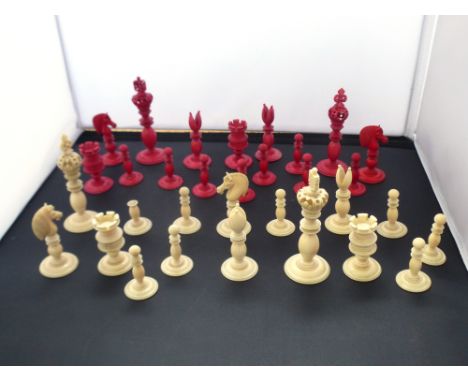 IVORY CHESS PIECE SET BY CALVERT MAKER 189 FLEET STREET LONDON - 1 WHITE PAWN BROKEN, CHIP ON RED QUEEN, BISHOP AND ROOK