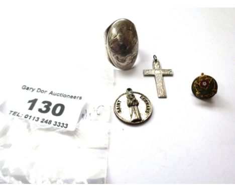 SILVER RING, CROSS PENDANT AND SAINT LEONARD PENDANT TOTAL W: 0.3 OZT AND AN  INTELLIGENCE CORPS PIN BADGE