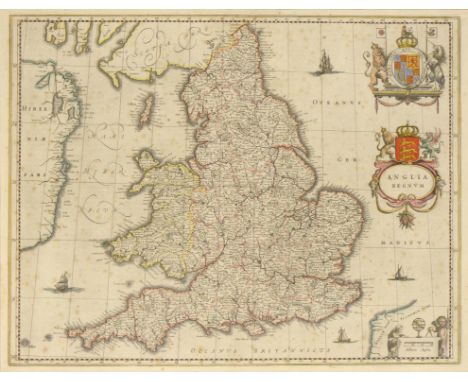 BLAEU (WILLEM JANSZOON) MAP OF ENGLAND AND WALES 1649,  handcoloured, 40 x 51cm, J Blaeu two maps of Worcestershire and Montg