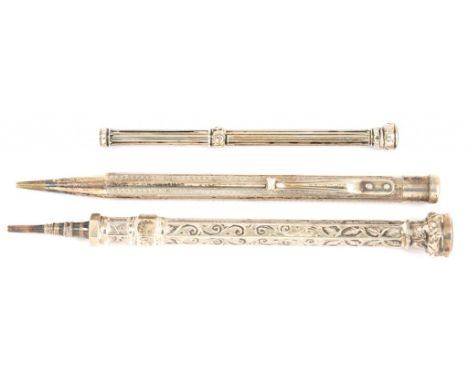 A VICTORIAN SILVER PENCIL, 10CM L, BIRMINGHAM 1895, ANOTHER, SMALLER, MARKED S MORDAN AND CO AND A SILVER PLATED PENCIL, ENGI