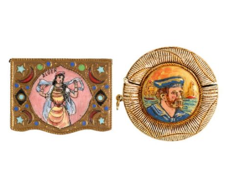 SMOKING AND TOBACCO.  A COLD PAINTED EMBOSSED BRASS SAILOR AND LIFEBUOY VESTA CASE, C1900, the sailor's cap band inscribed HE