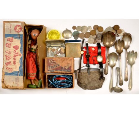 A PELHAM PUPPET, VICTORIAN PRESS MOULDED GLASS SALT CELLAR, COINS, WATCHES AND FLATWARE, ETC