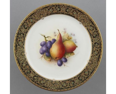 A ROYAL WORCESTER PLATE, 1921  painted by R Sebright, signed, with fruit in jewelled gilt border, 21.5cm diam, puce printed  