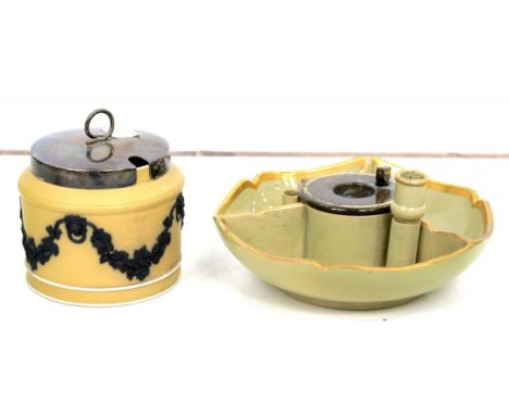 WEDGWOOD DRABWARE INKWELL AND QUILL HOLDER, GILT RIM WITH IMPRESSED MARK EARLY 20TH C AND A WEDGWOOD PRESERVE POT