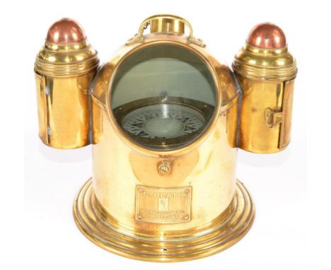 MARITIME. A GERMAN SHEET BRASS AND COPPER BINNACLE COMPASS, LABELLED C PLATH HAMBURGH, 24CM H, EARLY 20TH C 