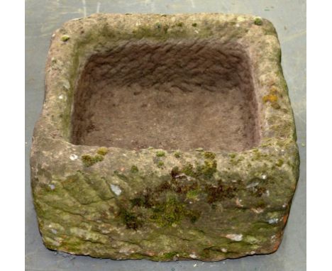 A 19TH C GRIT STONE TROUGH, 47 X 45CM