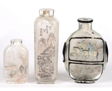 THREE CHINESE GLASS INTERIOR PAINTED SNUFF BOTTLES, ONE OF CAMEO GLASS OVERLAID IN BLACK, 5.6-10CM H, CIRCA FIRST HALF 20TH C