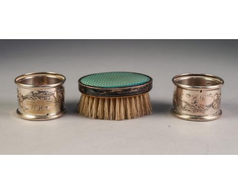 GEORGE V SILVER AND GUILLOCHE ENAMELLED CHILDâ€™S HAIR BRUSH, oval with pale blue enamel, Birmingham 1927, together with a PA