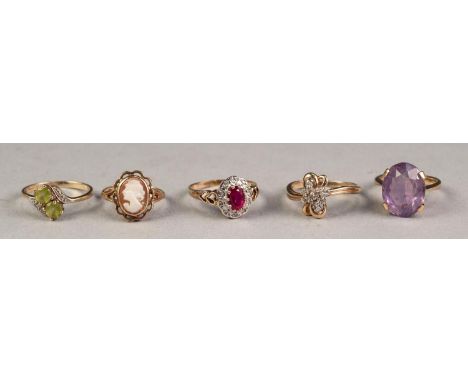 UNMARKED, PROBABLY 9ct GOLD, AMETHYST SET RING; a 9ct GOLD RING, set with a tiny cameo; 9ct GOLD RING, set with a tiny white 