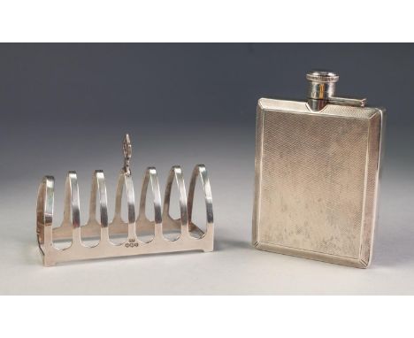 GEORGE V ENGINE TURNED HIP FLASK BY MAPPIN & WEBB, of chamfered oblong form with bayonet hinged cover, 5â€ x 3 Â¼â€ (12.7cm x