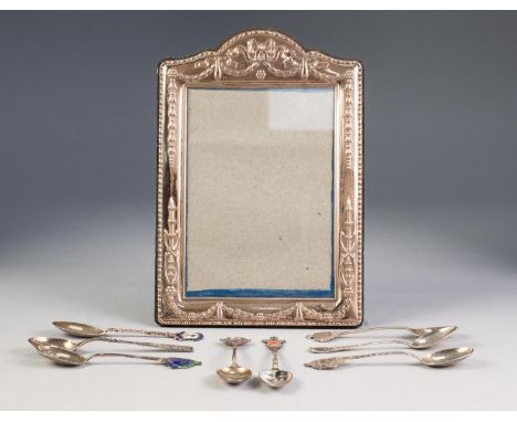 MODERN ADAMS STYLE SILVER CLAD EASEL PHOTOGRAPH FRAME, with embossed ribbon and harebell decoration, blue velvet ground, Shef