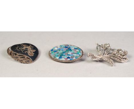 SILVER LARGE OVAL BROOCH SET with opal chips; a Siam SILVER AND NIELLO WORK BROOCH engraved with a dancer; a MARCASITE FLORAL