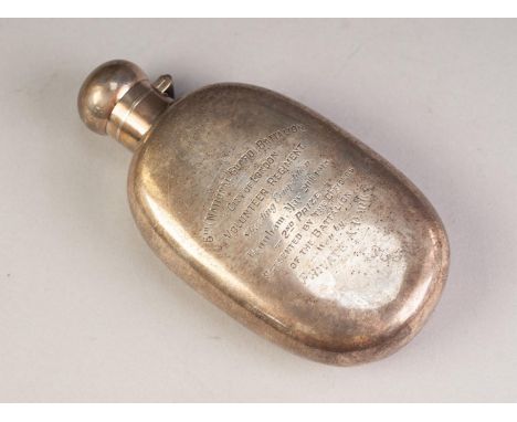 EDWARD VII PRESENTATION SILVER HIP FLASK, of oval form with bayonet hinged cover, 5 Â½â€ x 3â€ (14cm x 7.6cm), Birmingham 190