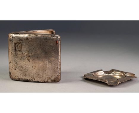 GEORGE V ENGINE TURNED SILVER POCKET CIGARETTE CASE, of curved oblong form, monogrammed, Birmingham 1928, and a SMALL, SQUARE
