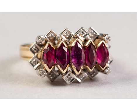 14ct GOLD, GARNET AND DIAMOND RING, set with a row of five marquise shaped rhodolite garnets and surround of sixteen tiny dia