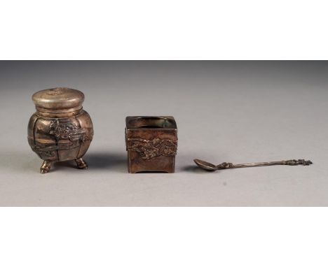 CHINESE SILVER COLOURED METAL MUSTARD RECEIVER, of lobated barrel form with hinged cover, hinged, domed cover and splayed, ba