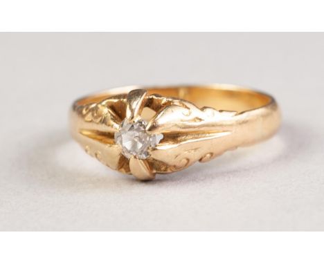 22ct GOLD AND SOLITAIRE DIAMOND RING, the old cut cushion diamond in a raised six claw setting, approx .40ct, 5gms, Birmingha