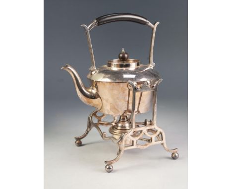 ARTS AND CRAFTS FLAVOUR, EARLY 20th CENTURY SMALL ELECTROPLATE SPIRIT KETTLE ON STAND, with fixed ebony handle and turned fin