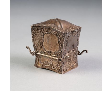 LATE VICTORIAN EMBOSSED SILVER SEDAN CHAIR PATTERN MINIATURE PLAYING CARD HOLDER, with hinged cover, decorated with scrollwor