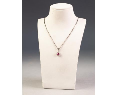 9ct WHITE GOLD SMALL TEAR SHAPED PENDANT set with a centre ruby and surround of twelve small diamonds and the FINE CHAIN WHIT