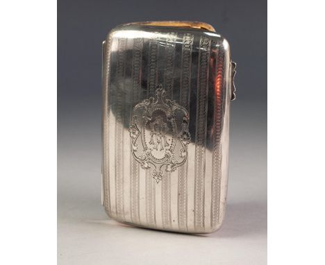 GEORGE V ENGINE TURNED SILVER POCKET CIGAR CASE, of curved oblong form with gilt interior, monogrammed cartouche, 5 Â½â€ x 3 