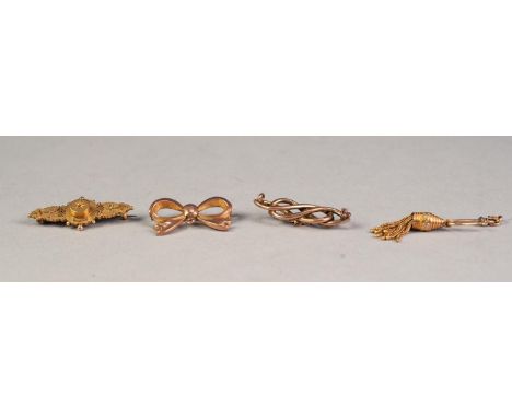 9ct GOLD BOW PATTERN FOB BROOCH, Victorian gold tassel and gold hook; EDWARDIAN 9ct GOLD WING SHAPED BROOCH, Chester 1908 and