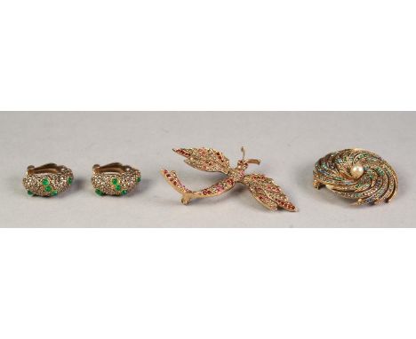 LES BERNARD INC. GILT METAL, MARACSITE AND RUBY PASTE SET DRAGONFLY BROOCH, 2" long, LES BERNARD WHORL PATTERN BROOCH, set wi