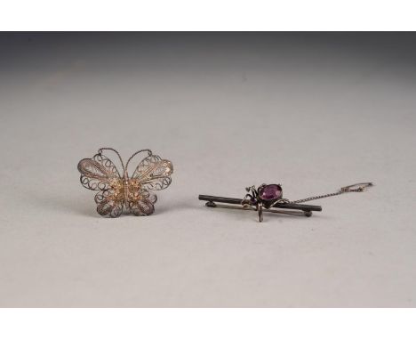 SILVER BAR AND BEETLE BROOCH with amethyst set body and head, Chester 1921 and a SILVER FILIGREE BUTTERFLY BROOCH (2) 