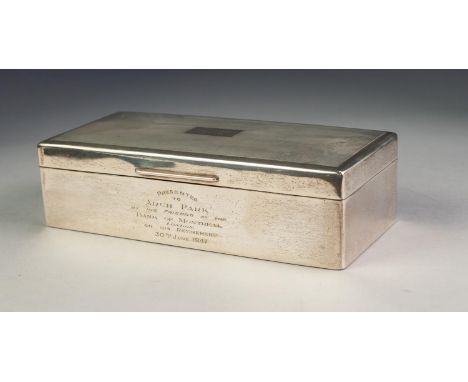 GEORGE VI PRESENTATION SILVER CLAD TABLE CIGARETTE BOX, with engine turned cover, initialled and hardwood lined interior, the