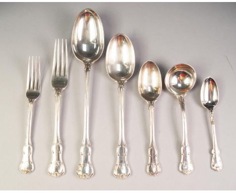 LATE VICTORIAN 52 PIECE SILVER QUEENS PATTERN TABLE SERVICE each engraved with a crest, comprising basting spoon, sauce ladle