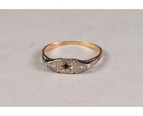 18ct GOLD AND PLATINUM RING, with engraved lozenge shaped setting, two small round brilliant cut diamonds (centre stone missi