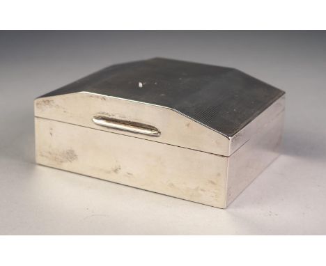 ART DECO SILVER CLAD TABLE CIGARETTE BOX, with engine turned chamfered top and hardwood lined interior, 4 Â½â€ x 3 Â½â€ (11.4