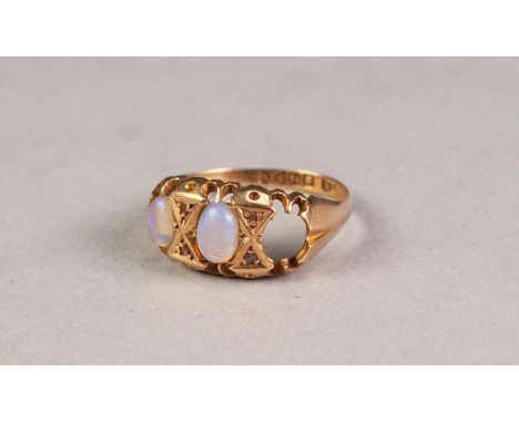 LATE VICTORIAN 18ct GOLD RING, set with two cabochon oval opals, and four tiny rose diamonds (one opal missing), Chester hall