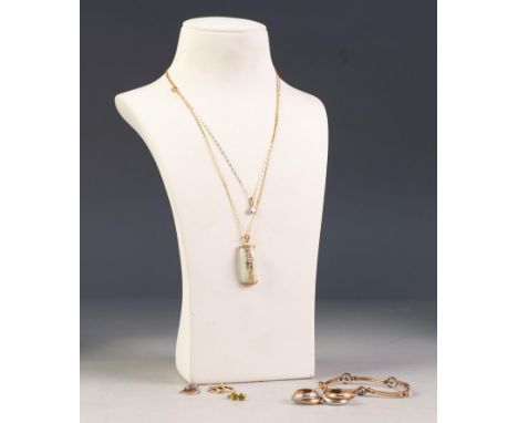 9ct GOLD AND CELADON JADE PENDANT on fine chain; 9ct GOLD BRACELET; a PAIR OF WHITE AND YELLOW 9ct GOLD EARRINGS; a 9ct GOLD 