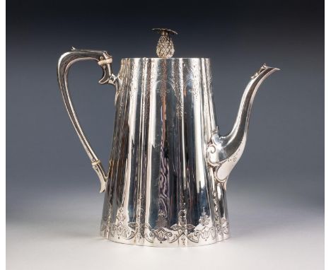 VICTORIAN SILVER COFFEE POT, of tall tapered and lobed oval form, flat flush hinged lid with removable pineapple finial, foli