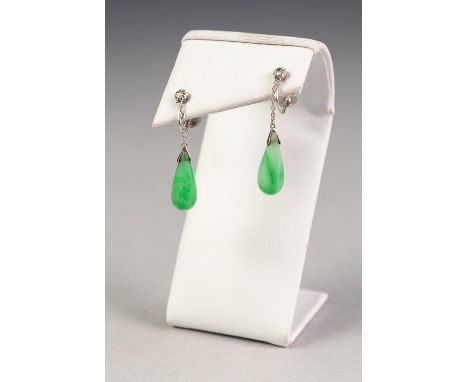 PAIR OF 9ct WHITE GOLD SCREW EARRINGS with fine chain drops suspending a tear shaped green jade stone 