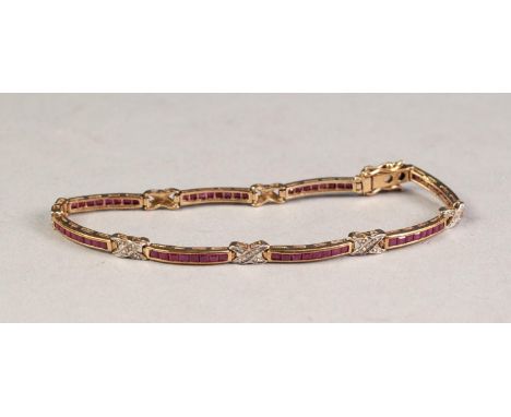 9ct GOLD RUBY AND DIAMOND BRACELET, the eight yellow golden curved bar links each set with eight square cut rubies, alternati
