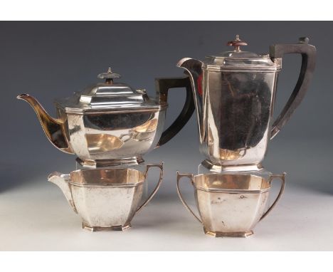 20th CENTURY SILVER FOUR PIECE TEA AND COFFEE SERVICE of canted oblong form, the tea and coffee pots with blackwood handles a