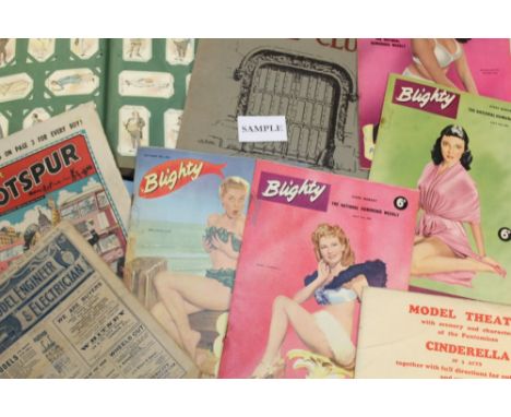 Box of mixed ephemera - including the Blighty magazines, 1960s press release football action photographs, 1954 Photoplay maga