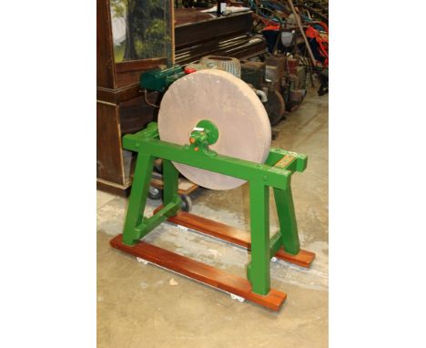 R. Hunt & Co. sharpening wheel / grind stone - finely restored in green and red livery, mounted on a hardwood four-wheeled ba