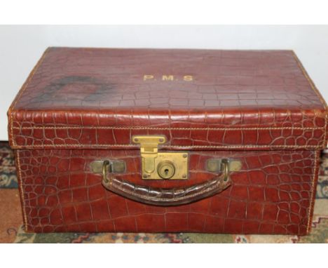 Vintage luggage - crocodile skin travelling vanity case with fitted interior, 20cm x 43cm x 29cm approximately