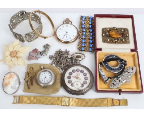 Vintage costume jewellery - to include pocket watches, silver gilt and enamel bracelet, Art Deco paste set jewellery, etc